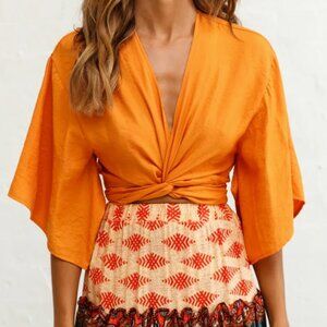 Selfie Leslie // orange mustard yellow Rivera Deep V Waist Tie Top XL